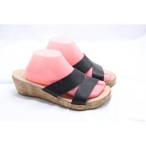 Crocs A Leigh Sandals Womens Sz 10 Black Leather Cork Wedge Heel Slip On Slide